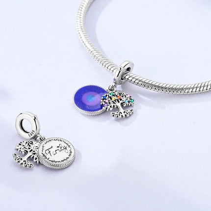 100% 925 Sterling Silver Blue Round Crystal Life Tree Angel Star Moon Pendants Charms Fit 925 Original Bracelets DIY Jewelry