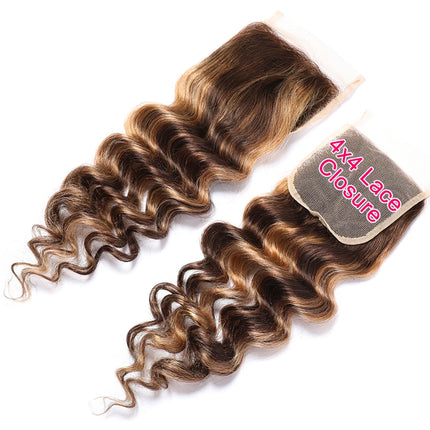 P4/27 4x4 Lace Closures Deep Wave Highlight Lace Closure 100% Human Hair Closure With Baby Hair Remy Brazilian 10''-20'' HairUGo
