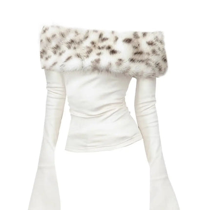 Luxury Fur Graphic Long sleeve T shirt Y2k Women Autumn Winter Off shoulder Tops 2000s Vintage Basic Blouse Tees White Shirt
