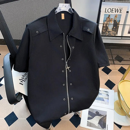 Metal button design padded shoulder men's shirt, summer high-end stylish wrinkle-free short-sleeve shirt