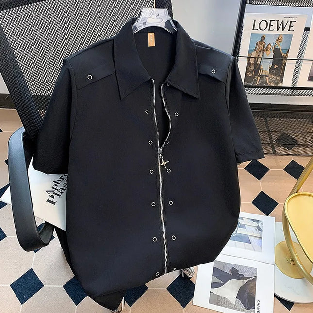 Metal button design padded shoulder men's shirt, summer high-end stylish wrinkle-free short-sleeve shirt