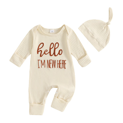 Newborn Baby Boy Fall Clothes Set Casual Letter Embroidery Long Sleeve Ribbed Romper Jumpsuit and Hat 2Pieces Set for Infants