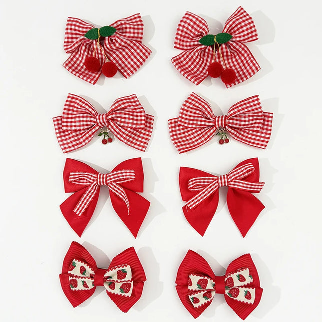 Red Bow Hair Clips Fashion Plaid Stripes Hairpins Strawberry Cherry Barrettes Sweet Lace Headwear Princess Kids Hair Accessories