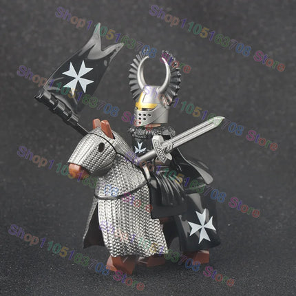 MOC Medieval Military Crusader Knight Building Blocks Castle Army Soldier Figure Horse Mount Shield Sword Accessories Bricks Toy