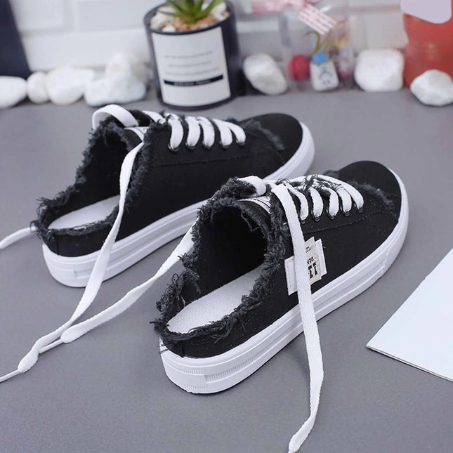 Womens Half Slipper Sneakers Comfortable Women Casual Shoe Lace-up Women Flat Shoes Breathable Canvas Shoes Anti-slip Zapatillas
