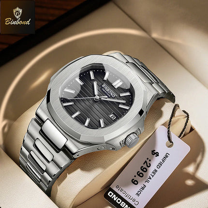 BINBOND Luxury Military Man Watch Square Waterproof Luminous Date Week Men Watch Stainless Steel Quartz Men's Watches Reloj