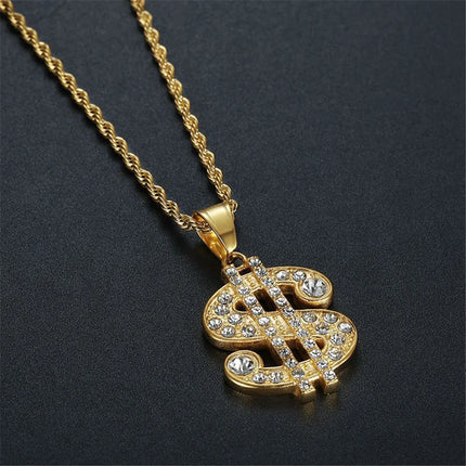 Fashion Men's Money Necklace Stainless Steel Gold Plated Jewelry Dollar Sign Pendant Necklaces for Men Hip Hop Rope Chain