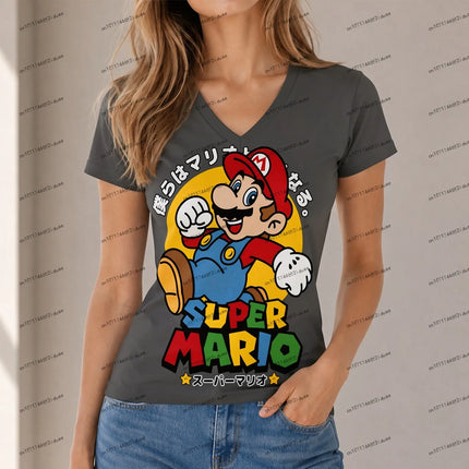 Cuteore XS-5XL Women's New Party Super Mario Women T-shirt Female Clothing V Neck Harajuku Style Summer High Quality Fashion