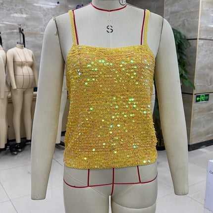 hirigin Sequin Crochet Crop Tops Women Summer Beach Knitted Smocked Camis Sparkly Glitter Backless Cover-up Crop Tops Vest