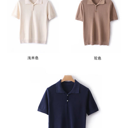 2025 Spring/Summer New Men's Short Sleeved 100% Cotton T-Shirt Sweater POLO Collar Loose Knit Pullover Business Casual Tops