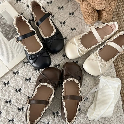 Lolita PU Leather JK Flat Shoes Bow Sweet Slip On Loafers Soft Sole Lace Ruffled Mary Jane Shoes Women