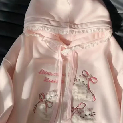 Cute Cartoon Bow Hoodies Women Loose Sweet Lace Patchwork Kawaii Sweatshirts Japan Preppy Style Spring Long Sleeve Pink Tops New