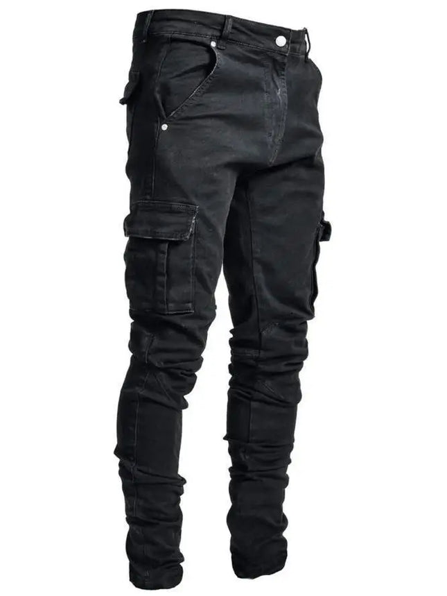 New Men's Jeans Pants Wash Solid Color Multi-Pocket Denim Mid-Waist Cargo Jeans Plus Size Fashion Casual Trousers Male Daily Wear