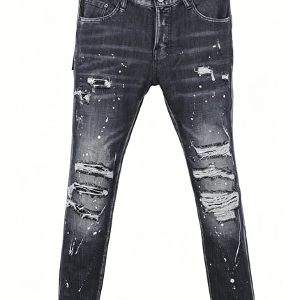 6058 Four Seasons New Men's Wash Grinding Hole Patch Paint Splash Ink Micro-bullet Leg Grey Jeans for Men