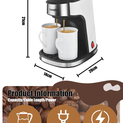 Sonifer 2-Cup Drip Coffee Maker SF-3540 (240ml), 450W, Includes 2 Porcelain Mugs, Reusable Filter, One-Touch Control