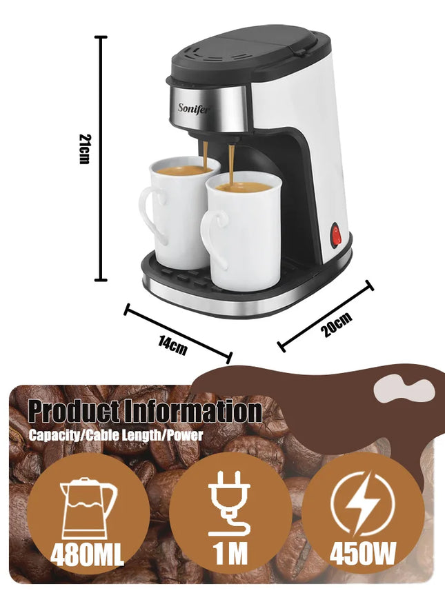 Sonifer 2-Cup Drip Coffee Maker SF-3540 (240ml), 450W, Includes 2 Porcelain Mugs, Reusable Filter, One-Touch Control