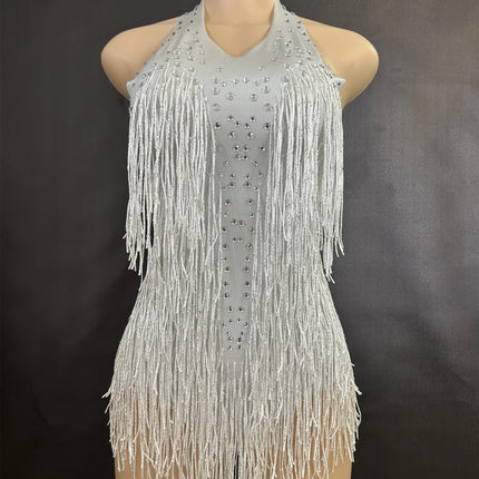 Sparkly Rhinestones Fringe Bodysuit Women Nightclub Party Dance Costume Stage Wear Sexy Tassel Leotard Performance Clothing 7G