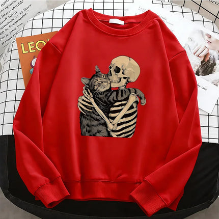 Vintage High Quality Retro Skull with Cat Womens Hoodies Warm Fleece Sweatshirt Soft O-Neck Pullover Casual Female Clothes