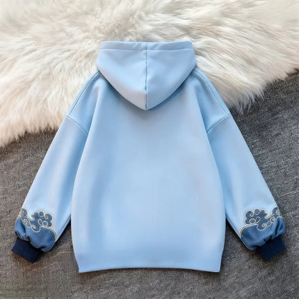 New Chinese Style Hooded Embroidered Fleece Women's Sweatshirt Slimming Loose Fit Comfortable Long Sleeve Polyester Casual St...