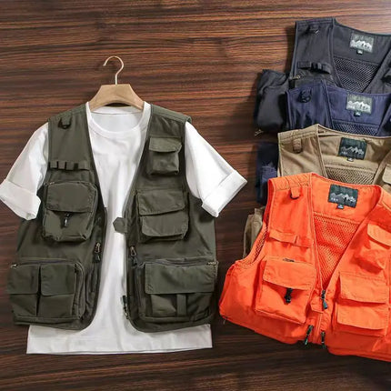 Summer Men's Casual Vest Solid Color Multi-pocket Mesh Patchwork Breathable Sleeveless Vest Camping Fishing Photography Vest Top