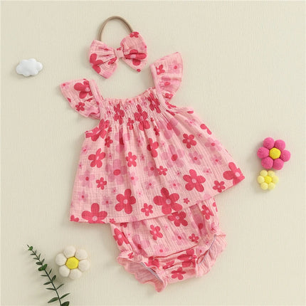 3pcs Summer Toddler Infant Baby Girl Casual Outfit Set Fly Sleeve Floral Print Tank Tops + PP Shorts Headband Baby Clothes