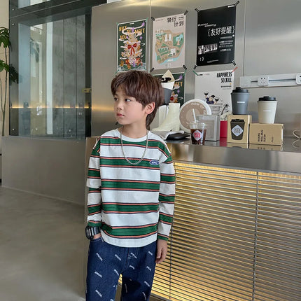 2025 Autumn Children's Clothes Girls Long-Sleeved Base Shirts Cool Boys Striped Cotton T-Shirt Teen Loose Casual 2-7Y Kids Top
