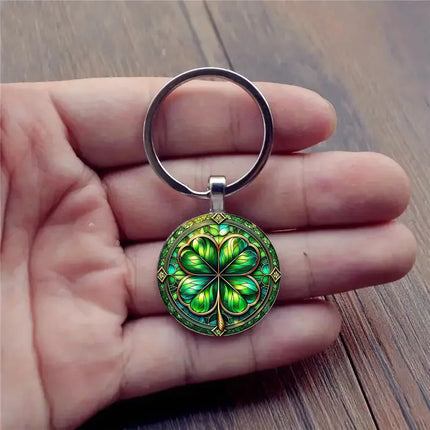 Elegant Four Leaf Clover Stained Glass Design Keychain, Round Lucky Symbol Art Printed Key Holder, St. Patrick Day & Good Luck Gift
