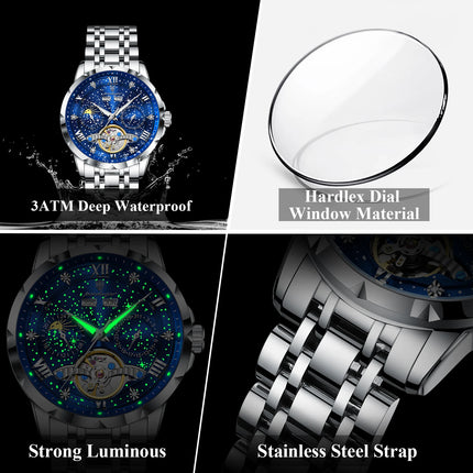 POEDAGAR Top Original Men Clock Automatic Mechanical Stainless Steel Men's Watches Calendar Hollow Tourbillon Man Watch Male+Box