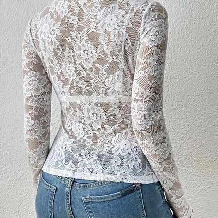 Women Sexy Base Layer Shirt Solid Black Sheer Lace Top Slim Flower Scallop Trim V Neck Long Sleeve T-shirt Trendy Tight Lace Top