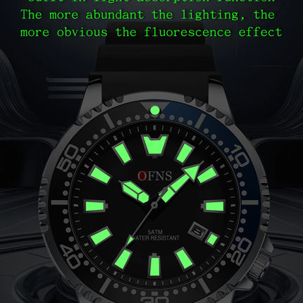 OFNS High Quality Fashion Men's Quartz Watch Calendar Luminous Display 50M Waterproof Luxury Watches Rubber Strap Men's Watch