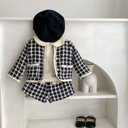 Spring and Autumn two-piece new baby girl black checkered long sleeved shirt with open top jacket and shorts
