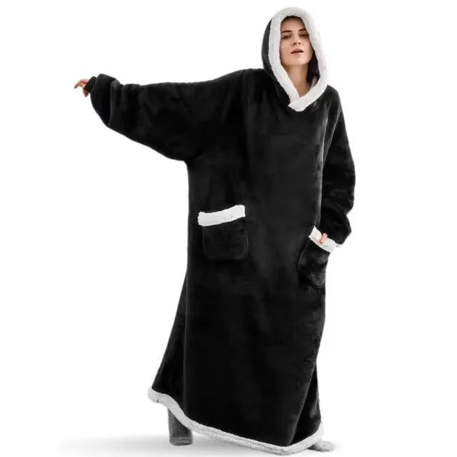 180cm Super Long Flannel Blanket Pyjamas with Sleeves Winter Hoodies Sweatshirt Women Men Pullover Fleece Giant Oversized Outdoo