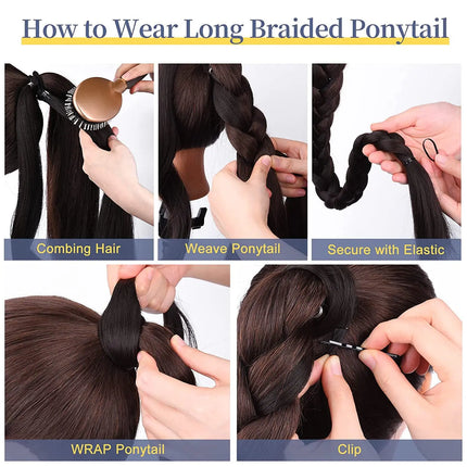 Synthetic Long Braided Ponytail Extension with Hair Tie Straight Wrap Around Natural Soft Hair Piece Daily Wear 30 Inch 160 Gram
