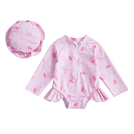 Toddler Girls Long Sleeve Rash Guard Swimsuits with Sun Hat Sets Bow Pattern Zip Up Swimwear Infant Baby Beach Bathing Suits