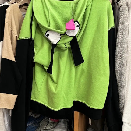 New Fashionable Cute Cartoon Pattern Zip Up Hoodie for Men Women Harajuku Green Patchwork Sweatshirt Y2K Hip Hop Casual Hoodie