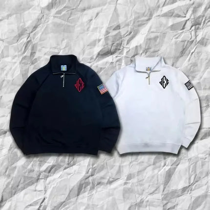 American fashion Gothic high neck embroidered pattern oversized PoLo shirt men'sY2K street retro Harajuku loose long sleeved top