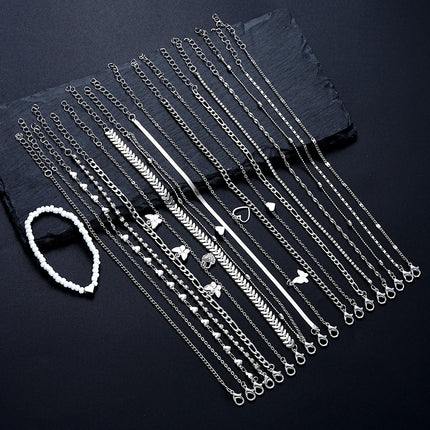 19Pcs/Set New Design Silver Color Anklet Sets for Women Fashion Pearl Butterfly Heart Crystal Foot Chain Versatile Daily Jewelry