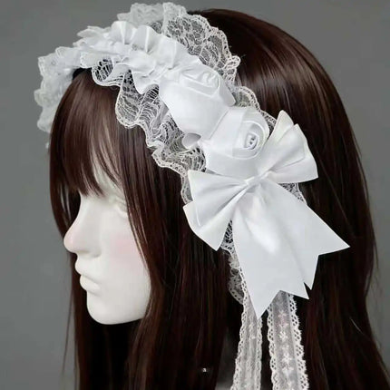 Gothic Lolita Lace Headbands for Women Double Black White Satin Rose Flower Bow with Tassel Elegant Cosplay Hair Accessories
