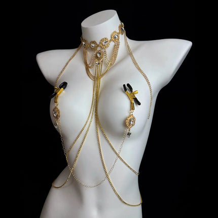 Gold Gemstone Collar Sexy Body Chain Tassel Nipple Clamps SM Training Chest Stimulation Punishment Women's Waist Chain Accessory