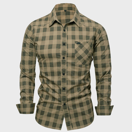 2025 Autumn New Fashion Men's 100% Cotton Plaid Shirt Tops Casual Button Down Long Sleeve Letter Embroidery Shirts with Pocket