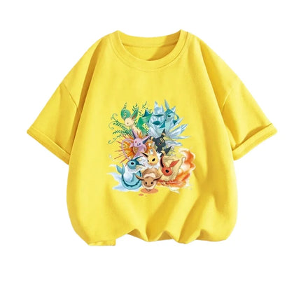 2026 Summer Pokemon Eeveelutions & Kirby Group Print T-Shirt, 100% Cotton Loose Casual Oversized Tee for Adults & Kids Y2k