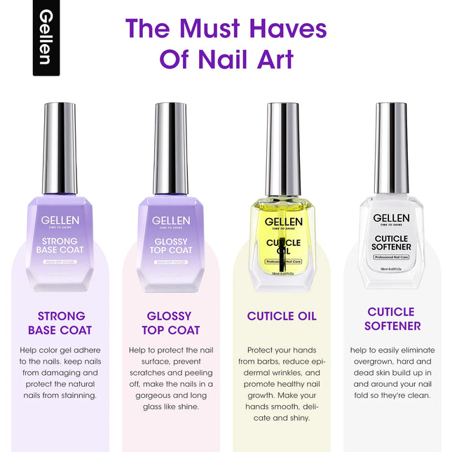 GELLEN Nail Polish Set 18ml 4PCS Kit Base Coat Top Gel Cuticle Softener Oil Salon Quality Manicure Pedicure Valentines Gift