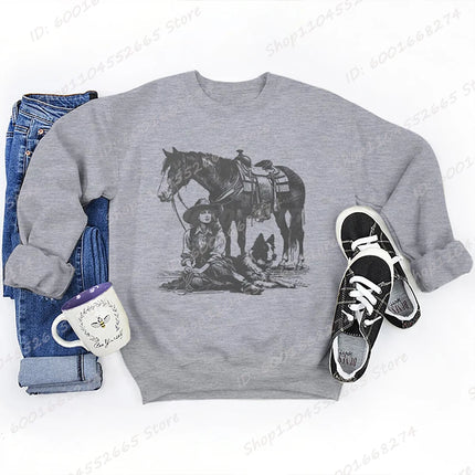 Women Oversized Sweatshirt, Cowgirls Horse & Dog Print Crew Neck Sweatshirts Casual Long Sleeve Plus Size Hoodless Pullovers