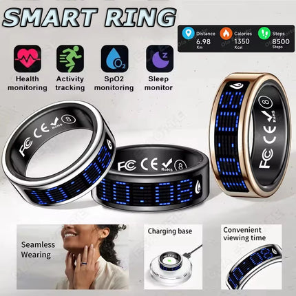 2026 New Smart Ring Men Women LED Display Screen Heart Rate Blood Oxygen Monitoring 5ATM Waterproof Multi Sports Modes SR16 Ring
