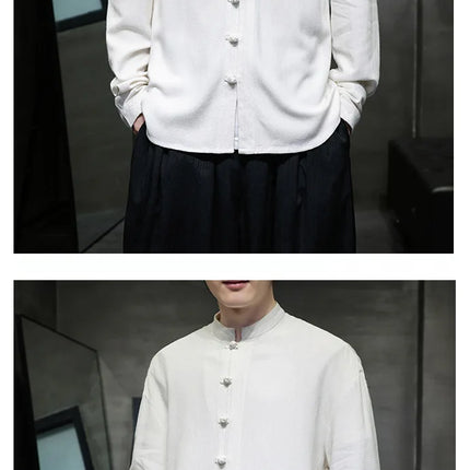 Men Long Sleeve Casual Shirt New Arrival 2026 Spring Chinese Style Vintage Mandarin Collar Loose Male KungFu Tops Shirts N056