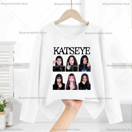 Katseye Child Long-Sleeved T-shirt Sweet Fashion Girl Shirts Spring Leisure Cotton Kid Tee Trendy Cool Clothes Top Birthday Gift