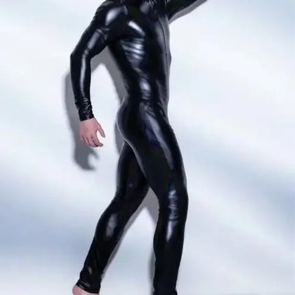 Plus Size S-4XL Sexy Men Catsuit Faux Leather Two Way Long Zipper Crotch Bodysuit Night Club DS Jumpsuit Lingerie Costume