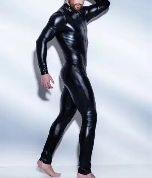 Plus Size S-4XL Sexy Men Catsuit Faux Leather Two-Way Long Zipper Crotch Bodysuit Nightclub DS Jumpsuit Lingerie Costume