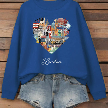 London Heart Street View Print Sweatshirt Women Fleece Hip Hop Streetwear Loose Autumn Clothes Comfortable O-Neck Pullovers