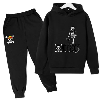 Boys Hoodie and Sweatpants Set for 3-12 Years Japanese Anime One Piece Luffy Zoro Kids Girls Casual Hooded Sweatshirt Tops
